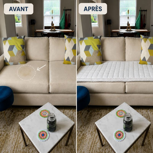 Avant / après : tache incrustée sur un canapé beige recouverte par une housse de canapé