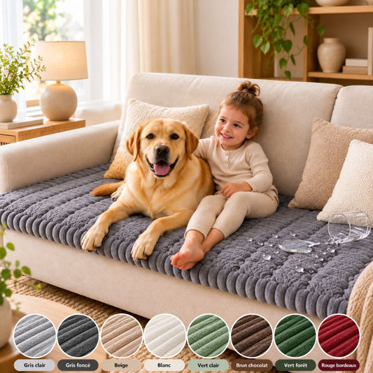 Housse de canapé antidérapante qui reste en place sur un canapé blanc, avec un enfant et un chien