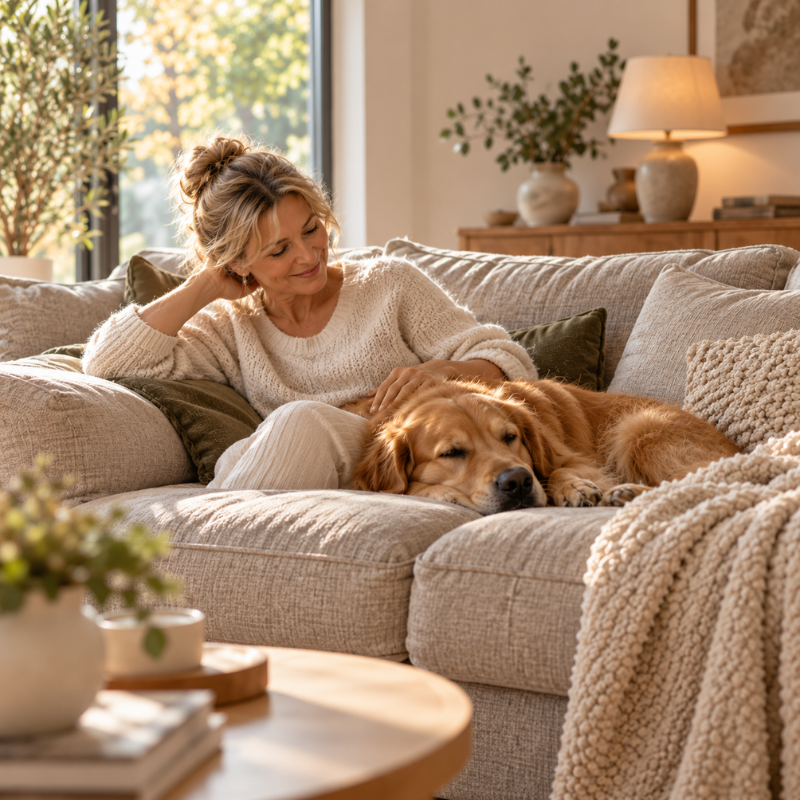 Femme détendue sur son canapé beige avec son chien