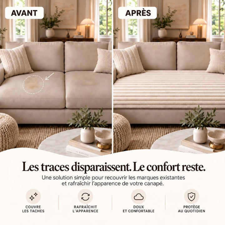 Avant / après : taches sur un canapé clair recouvertes par la housse côtelée DouceLigne™