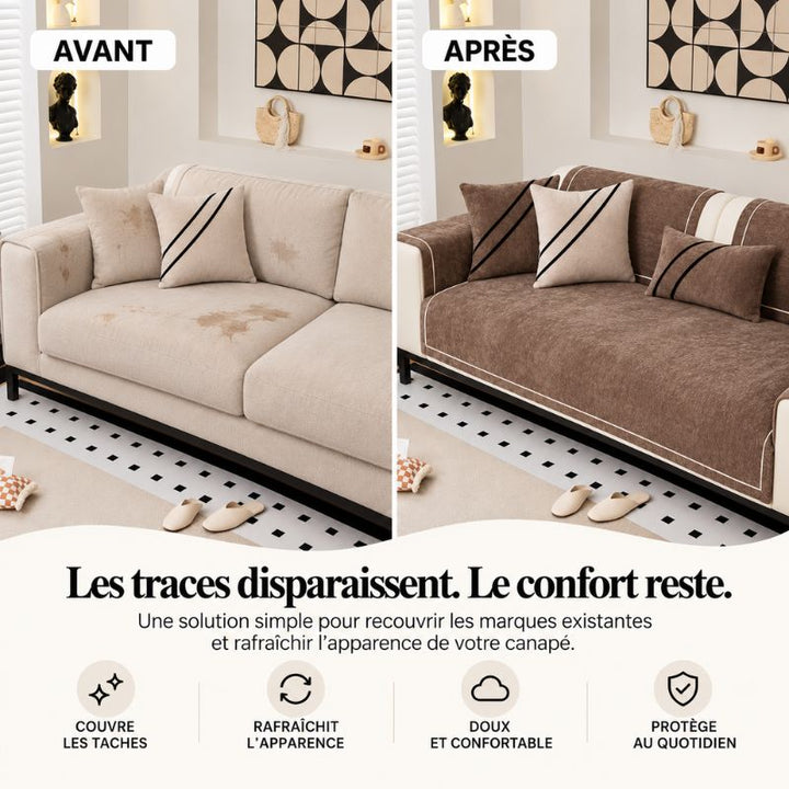 Avant / après : taches sur un canapé beige recouvertes par la housse en chenille BelleLigne™ marron