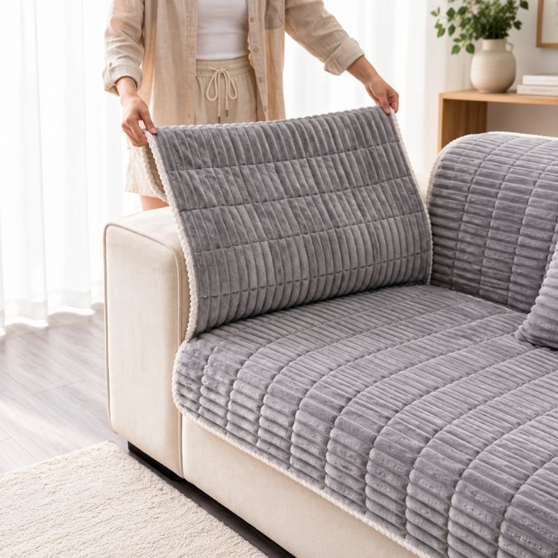 Housse de canapé intégrale CanapéIntégral™ gris qui couvre aussi le dossier et les coussins