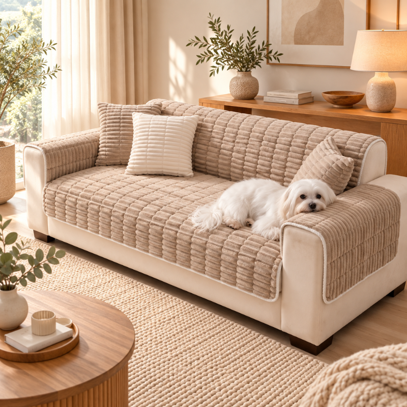 Housse de canapé intégrale CanapéIntégral™ coloris beige sable avec un petit chien
