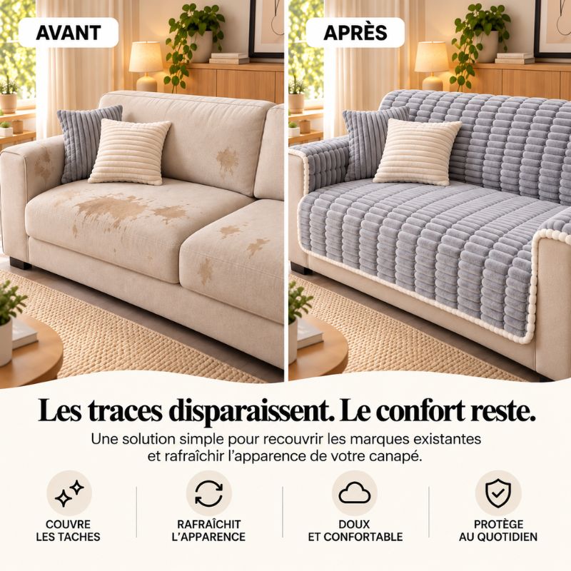 Avant / après : canapé taché recouvert par la housse de canapé intégrale CanapéIntégral™ gris