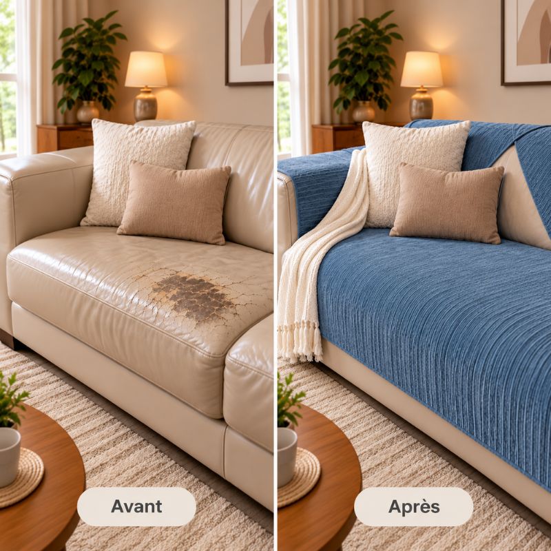 Avant / après : canapé en cuir taché recouvert par la housse en chenille CanapéCocon™ bleu