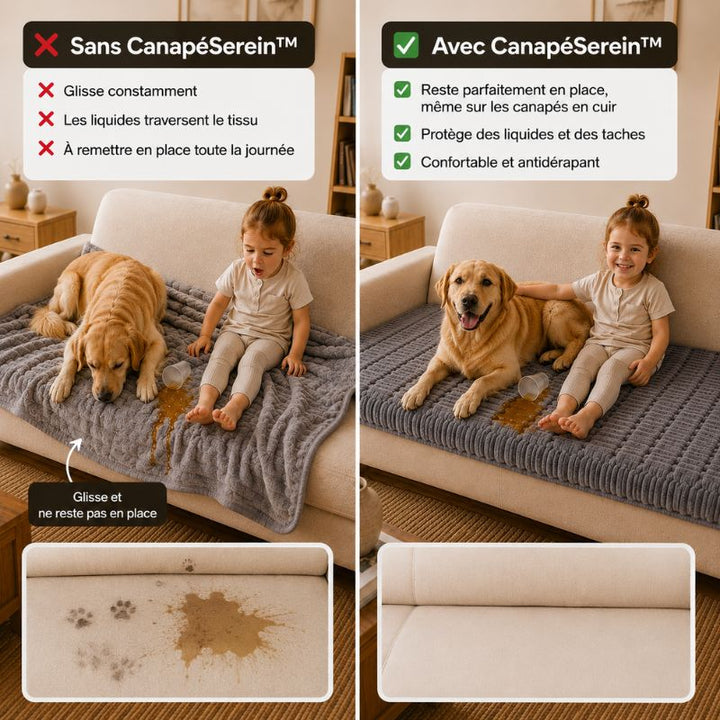 Canapé taché sans protection comparé à la housse de canapé CanapéSerein™ qui protège des liquides