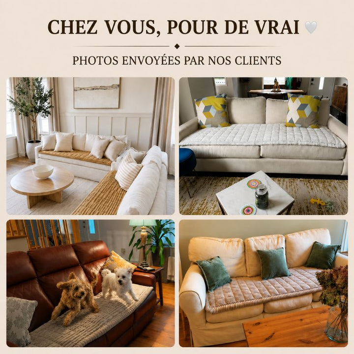Photos clients de la housse de canapé CanapéSerein™ posée sur leur canapé, avec leur chien