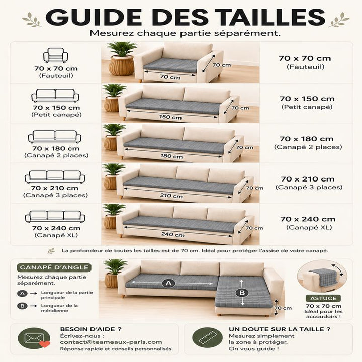 Guide des tailles de la housse CanapéSerein™, de 70 × 70 cm à 70 × 240 cm, et conseils pour canapé d'angle