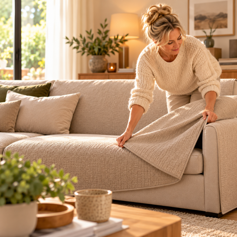 Femme qui pose une housse de canapé sur l'assise pour la laver facilement