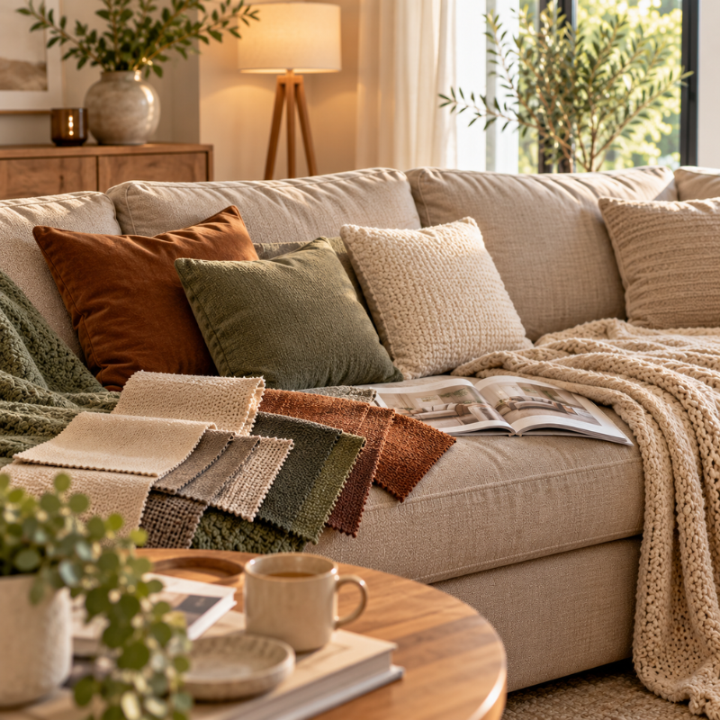 Salon avec un canapé beige et des coussins colorés, envie de changer de décoration