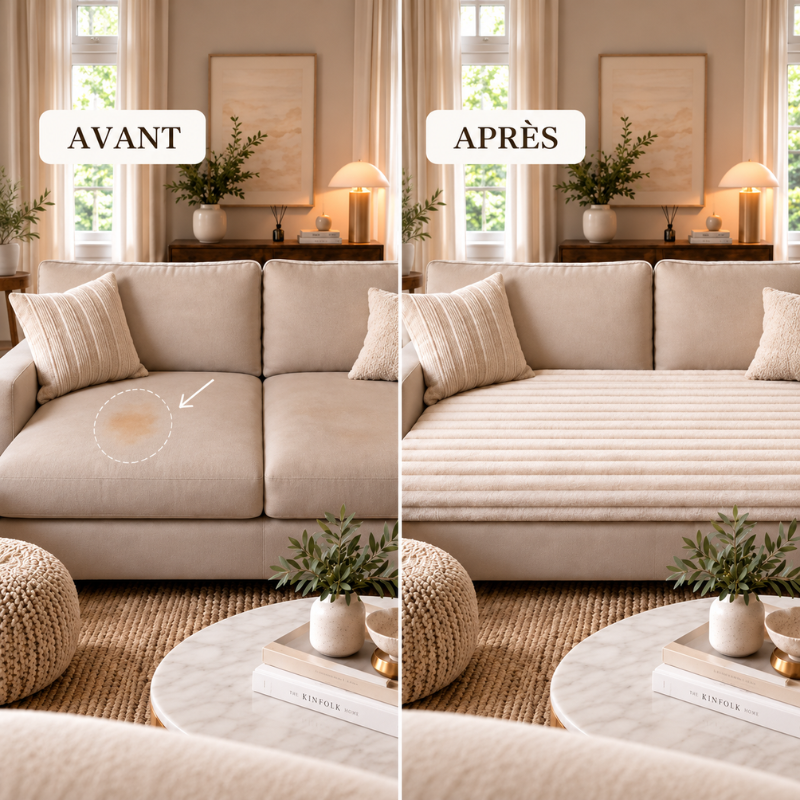 Avant / après : canapé d'angle taché qui retrouve une seconde vie avec une housse de canapé